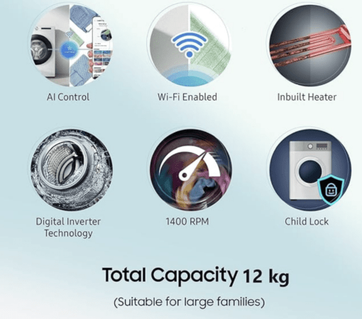 Samsung 12 kg, 5 star, Eco Bubble Technology, AI Control , Wi-Fi, Digital Inverter Motor, Fully-Automatic Front Load Washing Machine (WW12T504DAB/TL, Hygiene Steam, Black Caviar) - Image 4